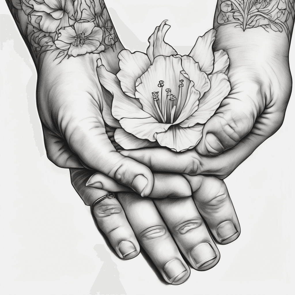 A fine line drawing of a baby’s tiny hand holding mom’s index finger. Baby’s hand is very small. Add gladiolus and poppy flowers and a butterfly flying away