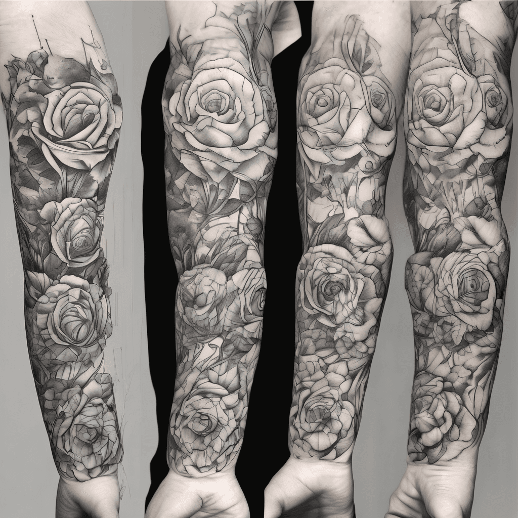 An arm sleeve that incorporates Roses, Poppies and the name Arthur (either the King or the Knights of the Round Table)