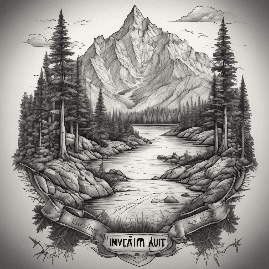 Rugged, mountainous landscape with multiple peaks, all roughly the same height, with some trees mixed into the foreground, everything will be reflected symmetrically in a lake at the base of the mountains. Underneath, lettering that reads, "inveniam viam aut faciam" all capital. It needs to fit on the inside face of my forearm horizontally, centerline should be along the radius bone, pinky side to elbow. Black only tattoo.