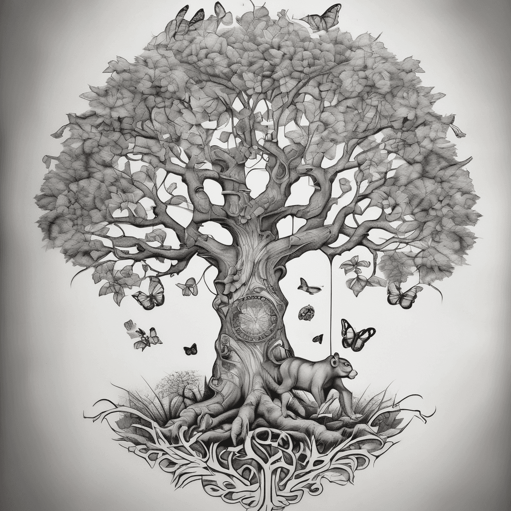 Tree of life with rino at the base of the trunk, monkey midway and butterfly and ladybug at the top. Have them embedded into the trees bark.