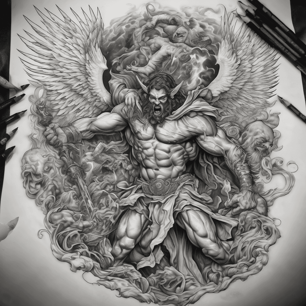 A black god fighting demonson Armageddon day destroying demons with angels blowing trumpets in victory and god destroying the metropolitan city with Fire and Water and scroll reading Black Reign: “My Hands, My Fate, My Life” “Only GOD Can Judge Me Now And Forever More”