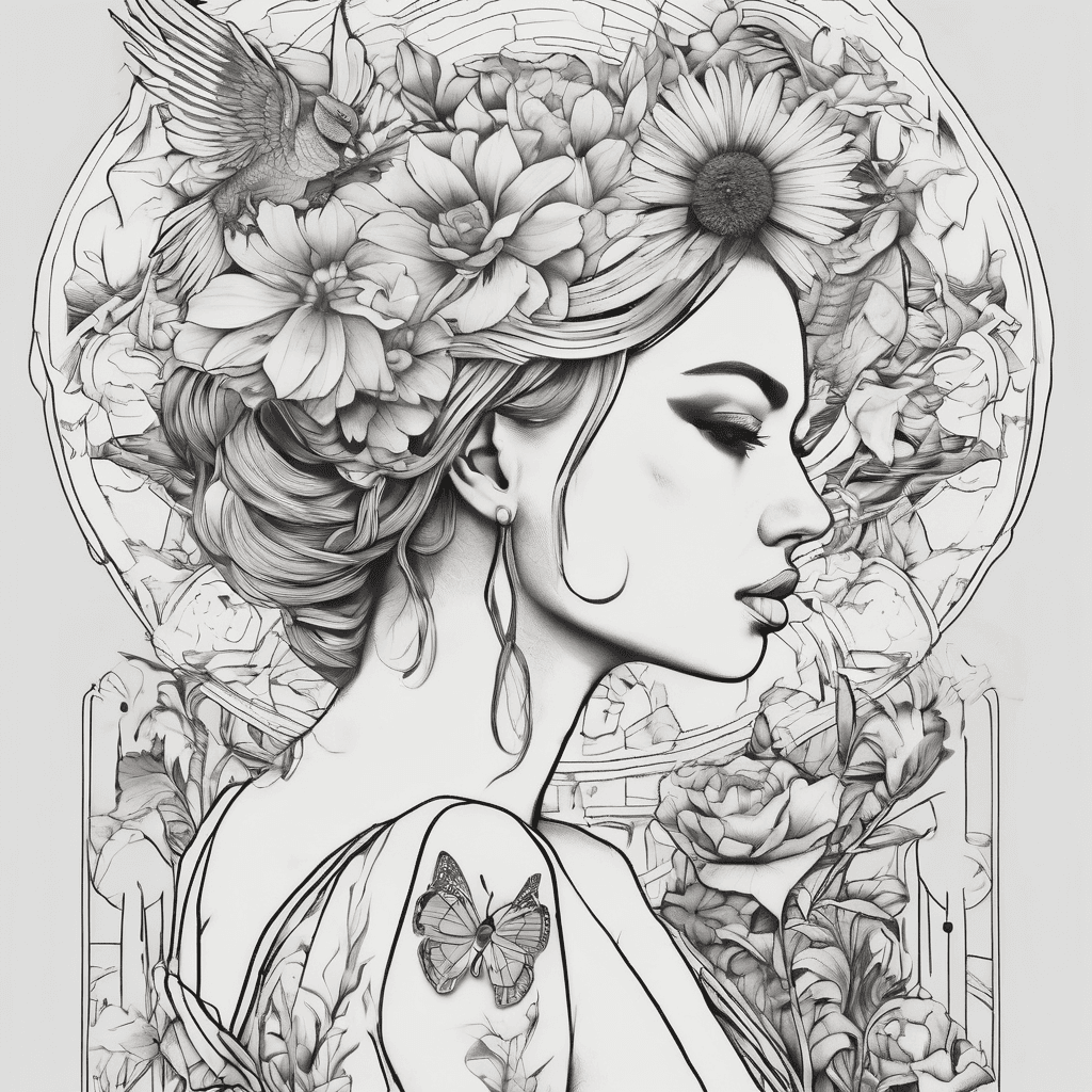 Woman tattoo with Fenix and some flowers that represent path of life
