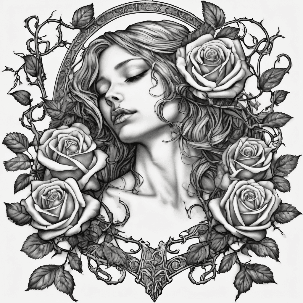 I want a thorned rose vine that wraps around my arm from my wrist to my shoulder. On the vine I want 3 roses, one red, one blue and then one more red. On my shoulder I want an angel clad in medieval armour standing straight and tall. I want the angel to have their head bowed and to be holding a sword. The sword is positioned in front of the angels body with the tip at it's feet and the handle at it's chest. The angel to meant to be St Michael.