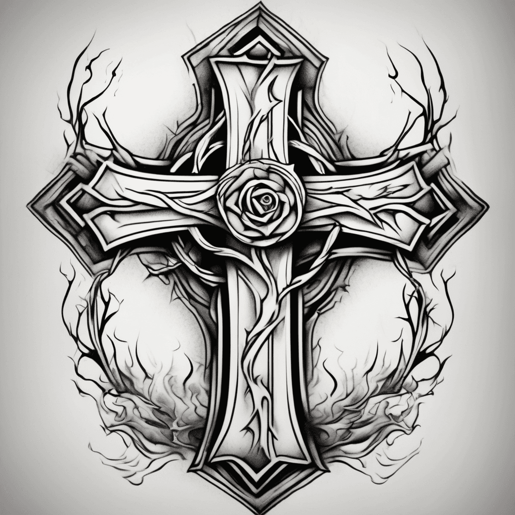 Cross with a crown of thorns draped at a 45 degree angle with some smoke, flame/fire behind it