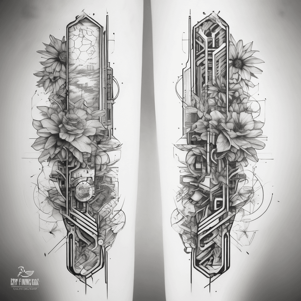Black and white forearm tattoo design split vertically into two contrasting halves. The right side represents engineering and logic: crisp geometric shapes, mathematical formulas, circuit board traces, and subtle lines of computer code. The left side represents creativity and nature: delicate fine-line botanical elements, soft wild flowers, leaves, and a tiny cute cat hidden among the flowers. Elegant line art, blackwork and fine line style, high contrast, clean stencil art isolated on a solid white background.