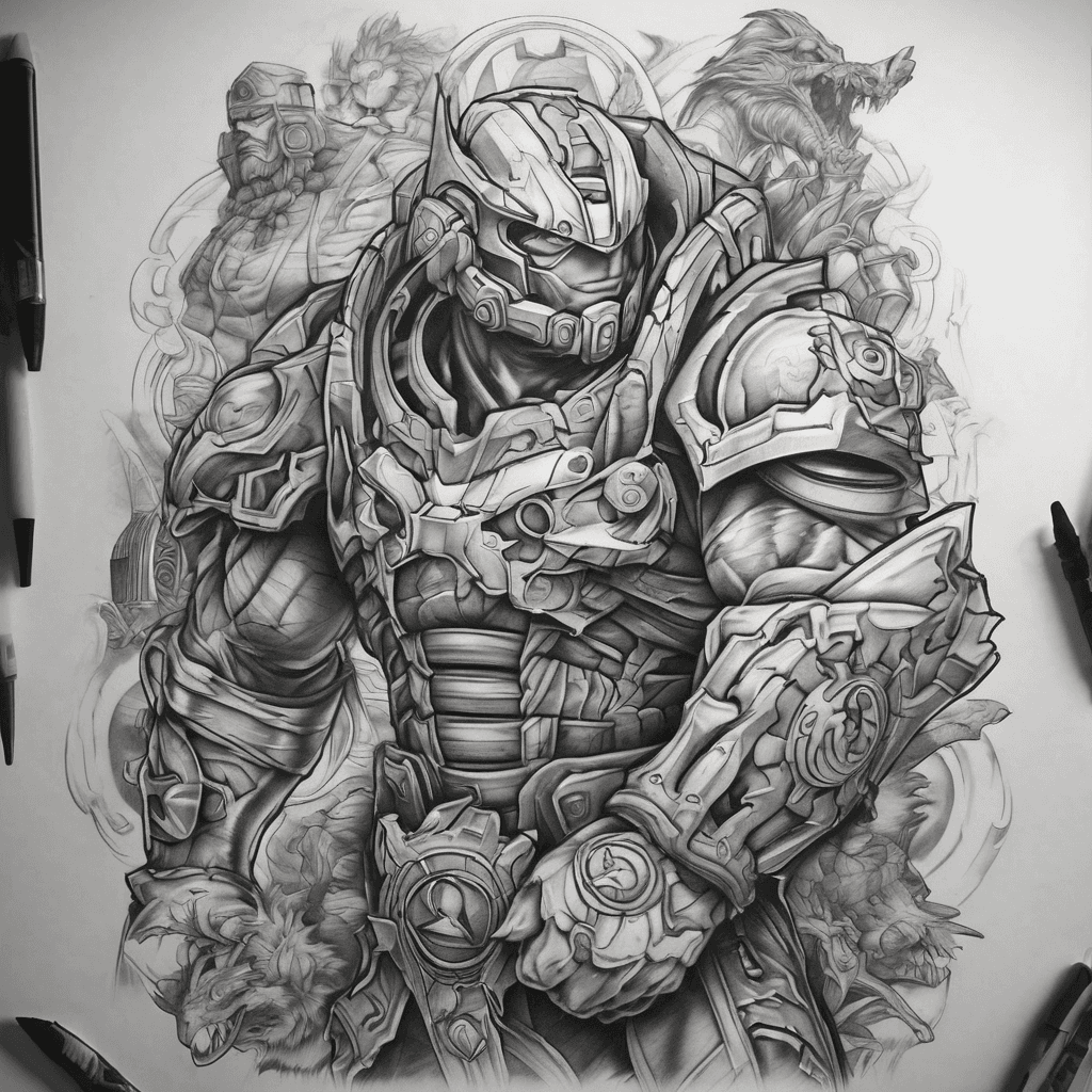 Create a full video game/anime/movie leg sleeve tattoo consisting of, pokemon, halo, gears of war, Zelda, world of warcraft, Diablo, dragon ball z, runescape, Naruto, fairy tail, fable, call of duty, Mario, crash bandicoot, Spyro, sword art online, elder scrolls, Harry Potter, lord of the rings, star wars
