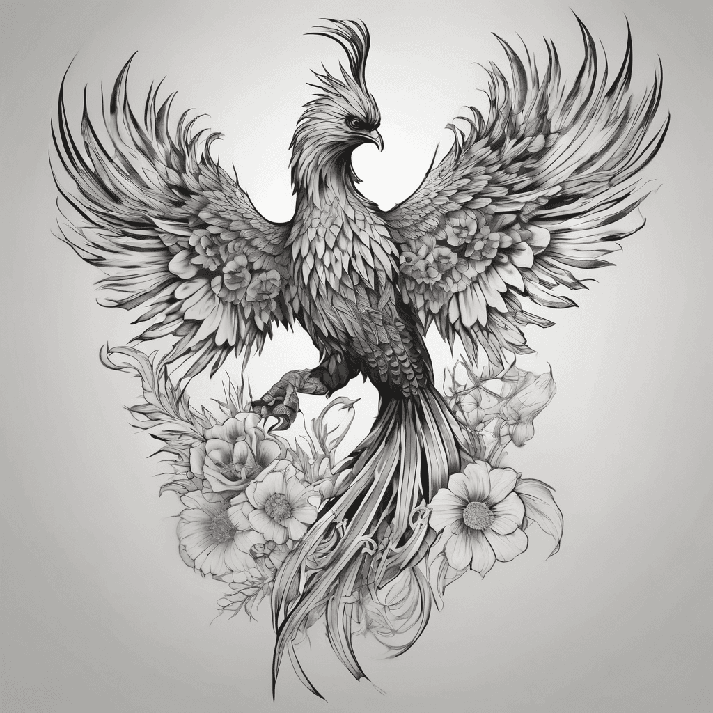 Black and white phoenix tattoo with flowers
