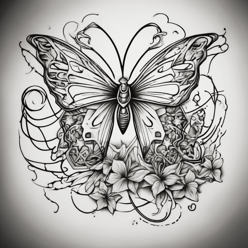 the name Ai’mani in cursive with tiny butterflies and stars with curved lines going around the name, a small tattoo for side of arm
