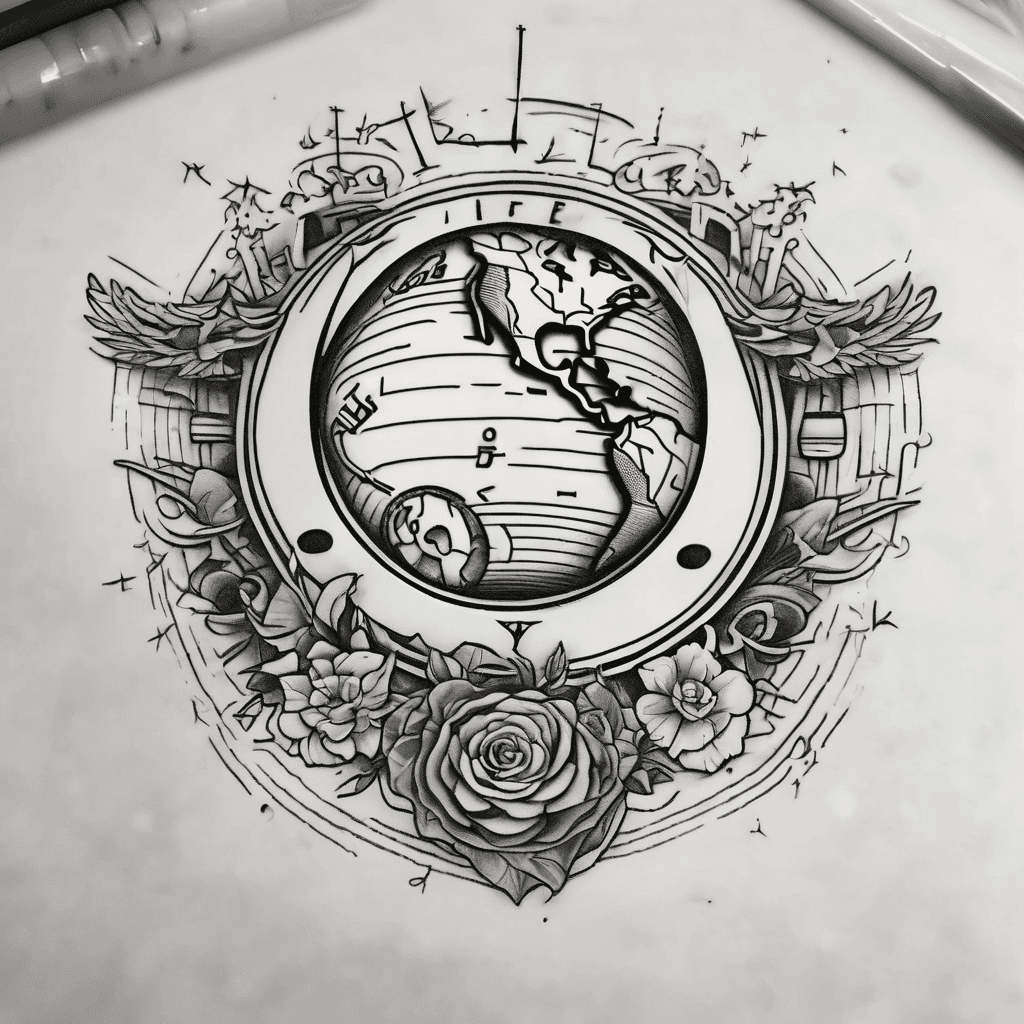 design me a small wrist tattoo with a earth and airplane flying around it, a crescent moon, a heart and something to represent music