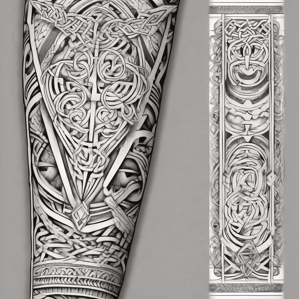 arm sleeve with mixed Celtic, roman/greek and aztec
patterns