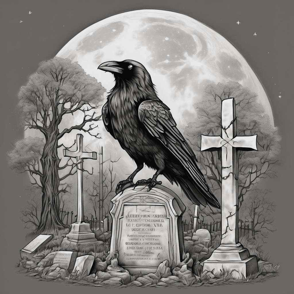 tattoo on the back with raven sitting on the gravestone with inscription "IN MORTE VLTIMA VERITAS" under fool moon with trees and other gravestones in the background