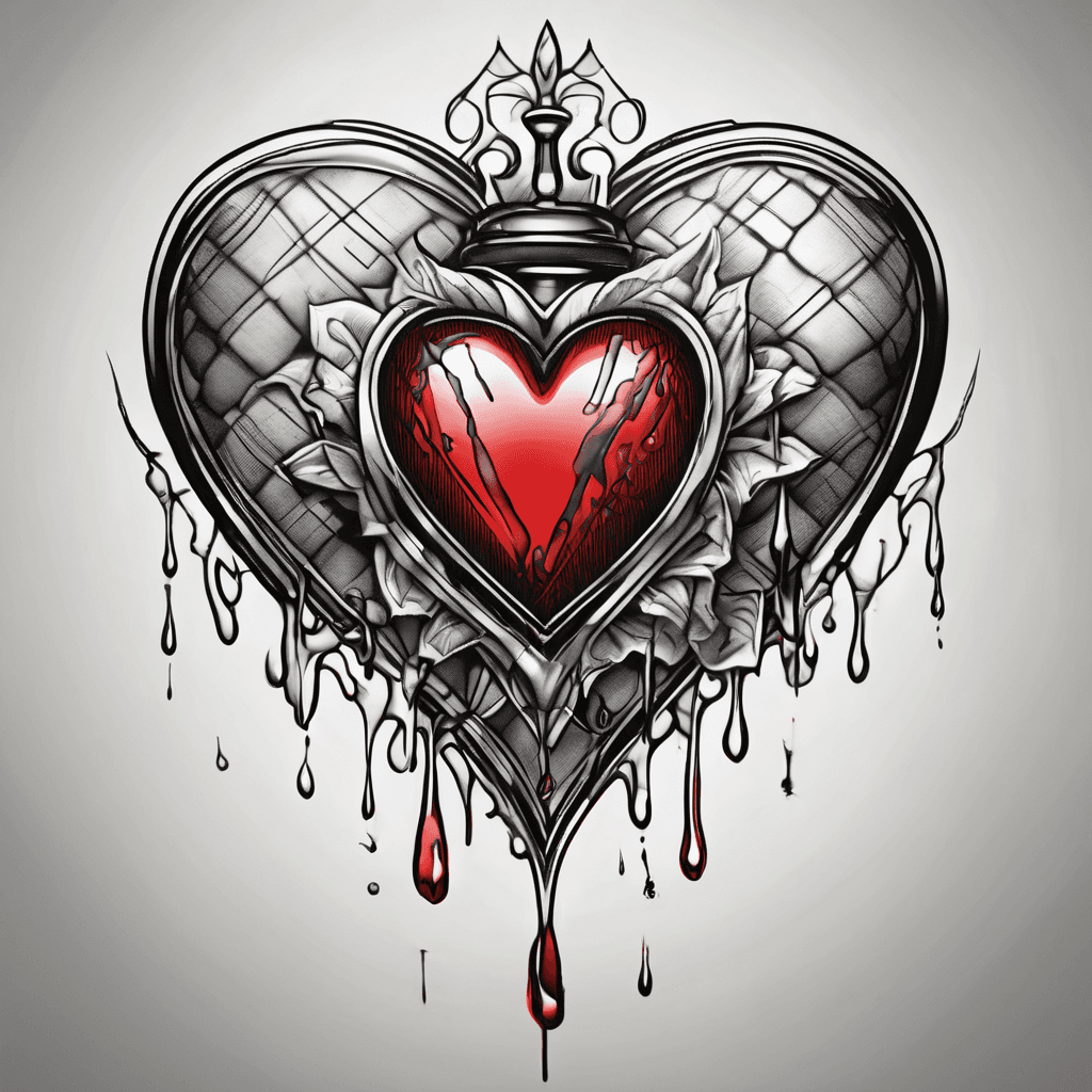 A black and white checkered background with a red heart on the middle, with a single drop of blood