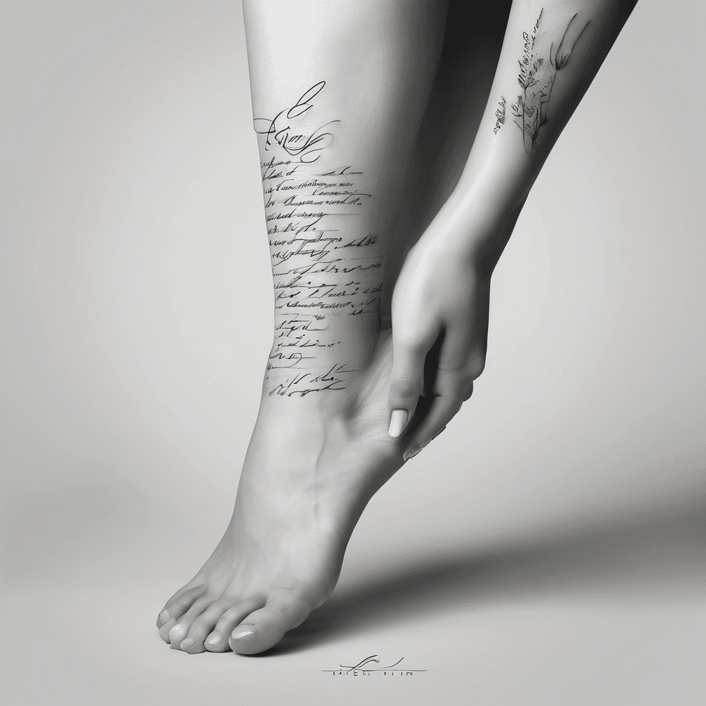 "An elegant, ultra-fine-line feminine script tattoo on the top slope of a woman's foot. The text reads 'in the beginning'.
Below the phrase, it cleanly lists 'Gen 1:1' and 'John 1:1' in tiny, minimalist block text. Minimalist, delicate, crisp lines, white background mockup."