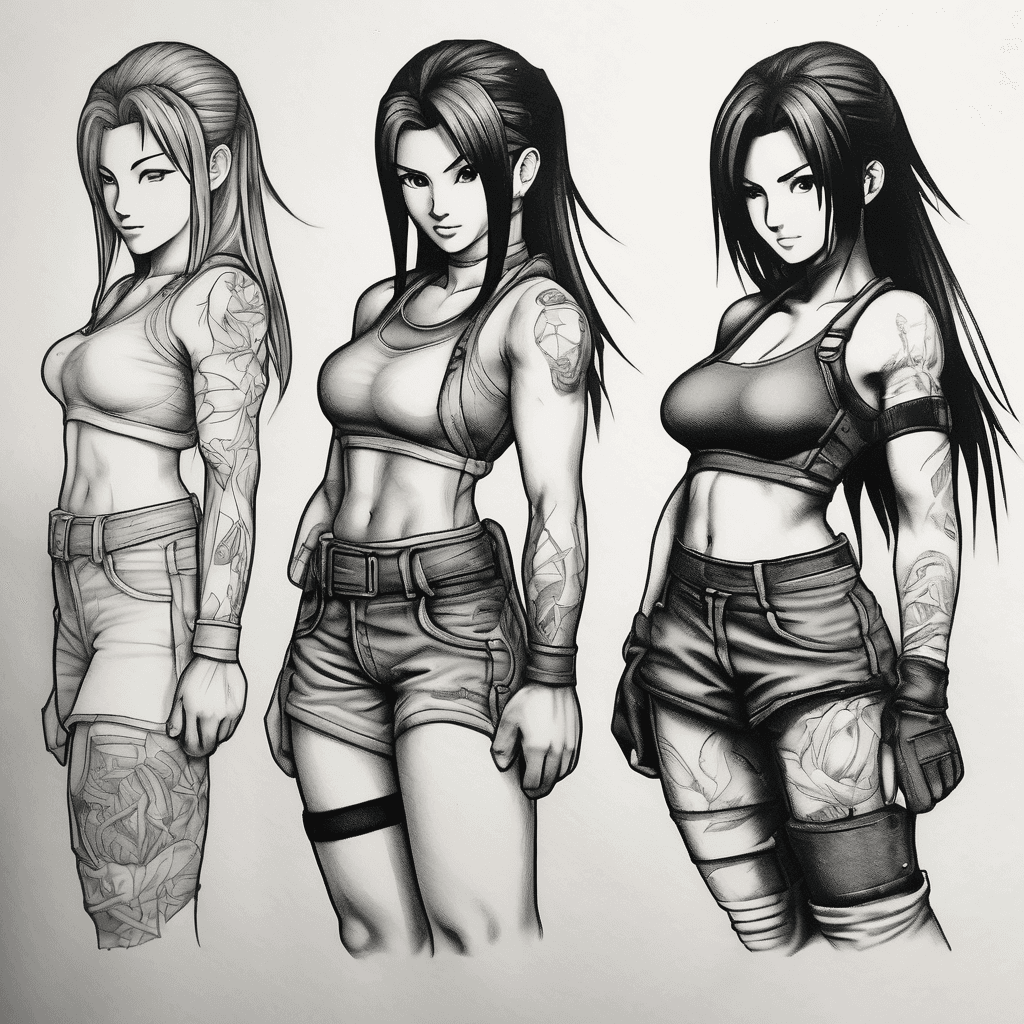 Leg sleeve tattoo design with on the upper part of the legs and image of tifa lockhart, Harley Quinn, catwoman and yennifer on their knees with their hands bound behind them.
Then on the lower part of the leg a design for ssb vegeta with his arms crossed from the waist up, Kakashi upper body revealing his sarengan, sung jinwoo baring both his daggers, natsu upper body with the flame words come on like in the anime, Raphael upper body in a more darker tone with both sais, redhood in his new 52 style with just his upper half brandishing both his revolvers, new 52 deathstroke holding his Watanabe and Wolverine in his traditional suit with both set of claws out but from the waist up.
All in black amd grey wash with only hints of colour vegetas blue hair, Kakashi's eye, wolverines eyes and a hint of colour on his suit, sung jinwoos eyes and blades, raphels bandana/mask, Deathstrokes helmet, redhoods symbol, the flame on natsu fingers.