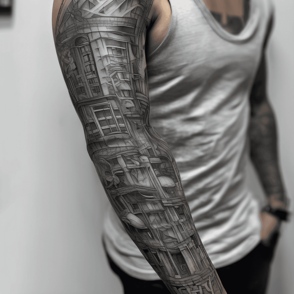 Full arm sleeve, black and grey, blending Chicano realism, gangsta, street graffiti text, multiple objects layered throughout the tattoo