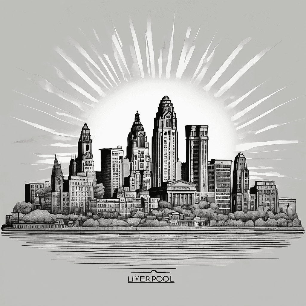 Liverpool city skyline silhouette with sunrays coming down. Incorporate the “here comes the sun” picture