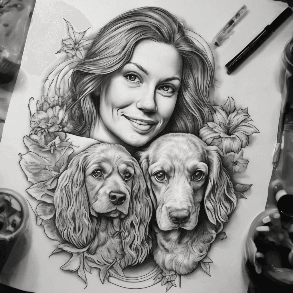 Create a family themed sleeve tattoo including the attachments which are my existing tattoos. surname Murphy. A mother figure, sister figure and a cocker spaniel. Beach location