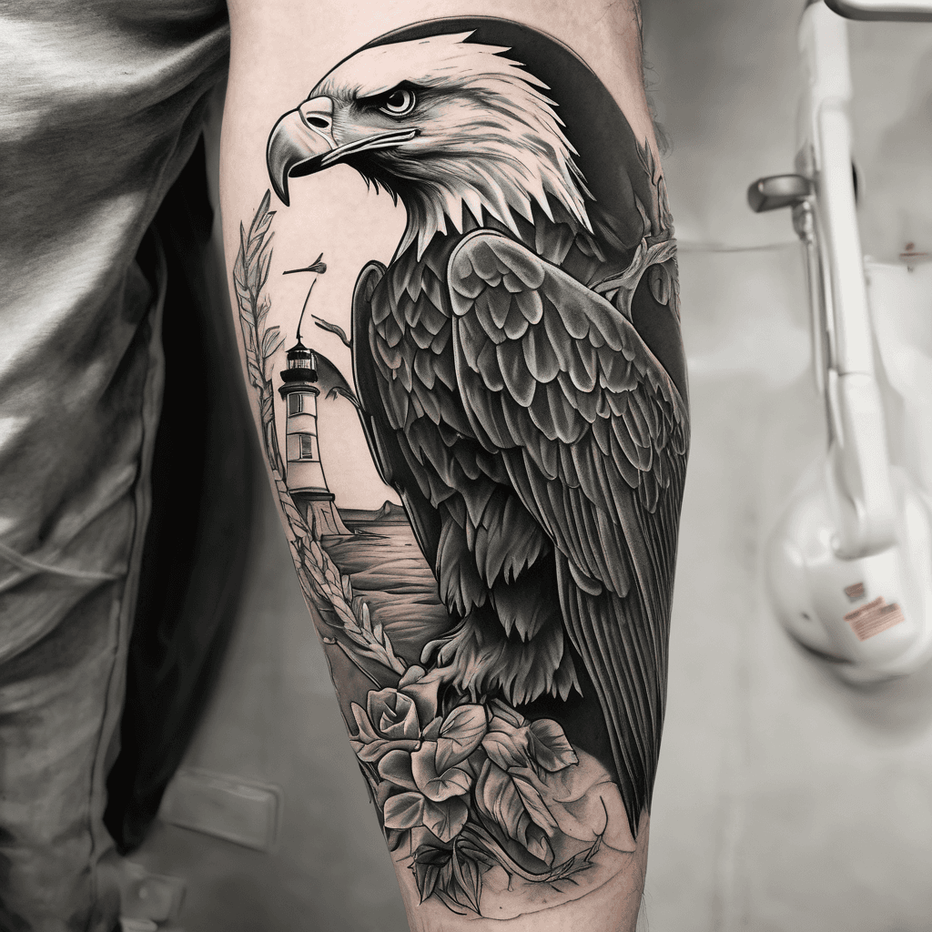 Left leg sleeve with bald eagle holding laurel wreath branch. The Nubble lighthouse, and a skull cowboy with arrow clenched in teeth. Good use of negative space.