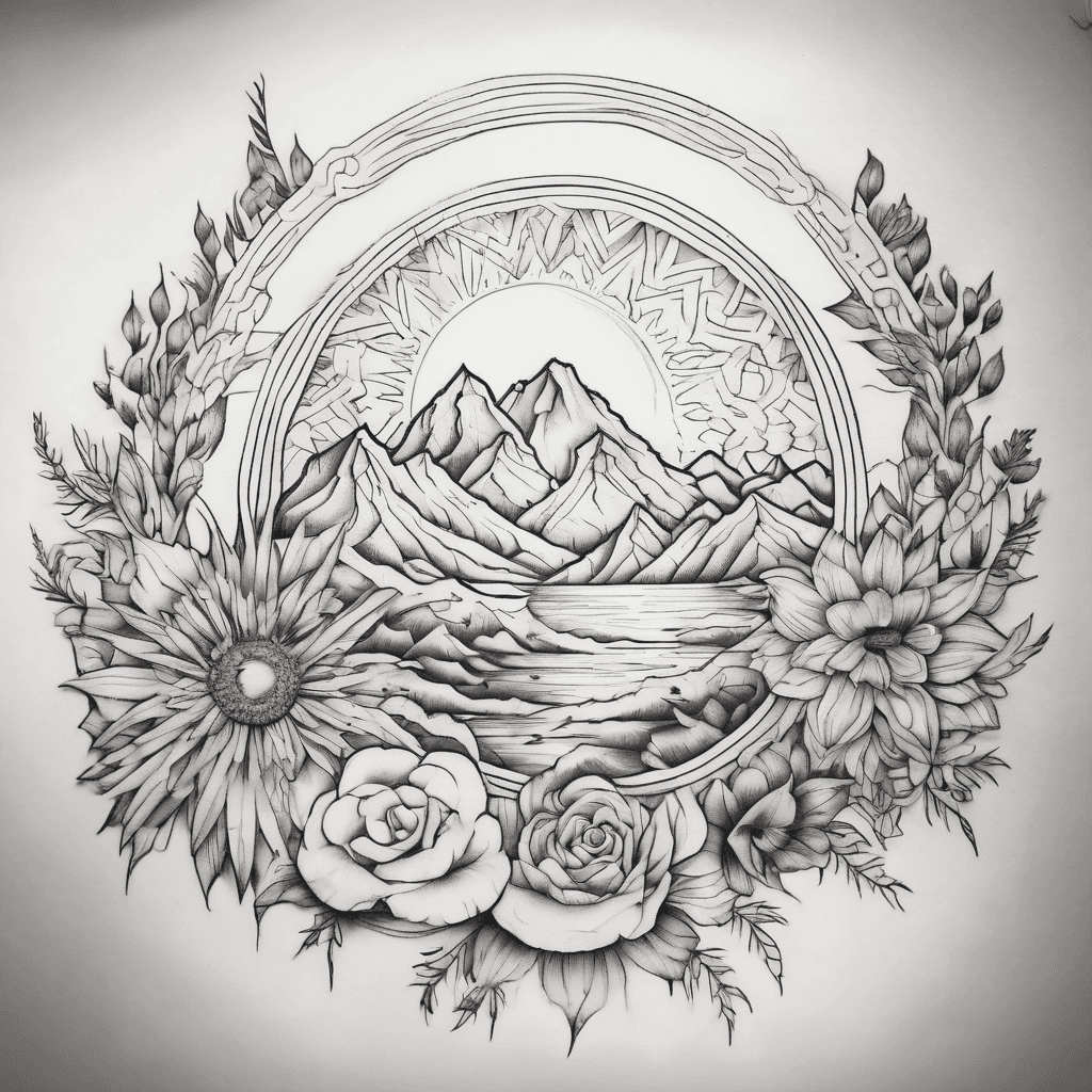 A fine line tattoo style that is feminine, with the sun, mountains, flowers and a neurodiversity eternity symbol within the design