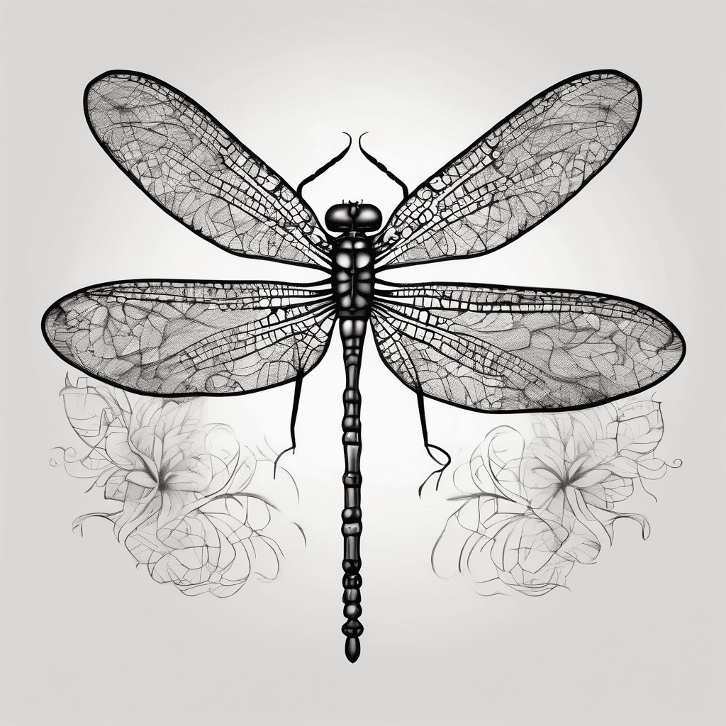 "A delicate fine-line black ink tattoo design of a graceful black dragonfly. The intricate lace patterns inside the translucent wings subtly spell out the hidden word 'mom' in cursive script. Clean white background, minimalist style, flat vector tattoo flash, high contrast, no shading gradients."