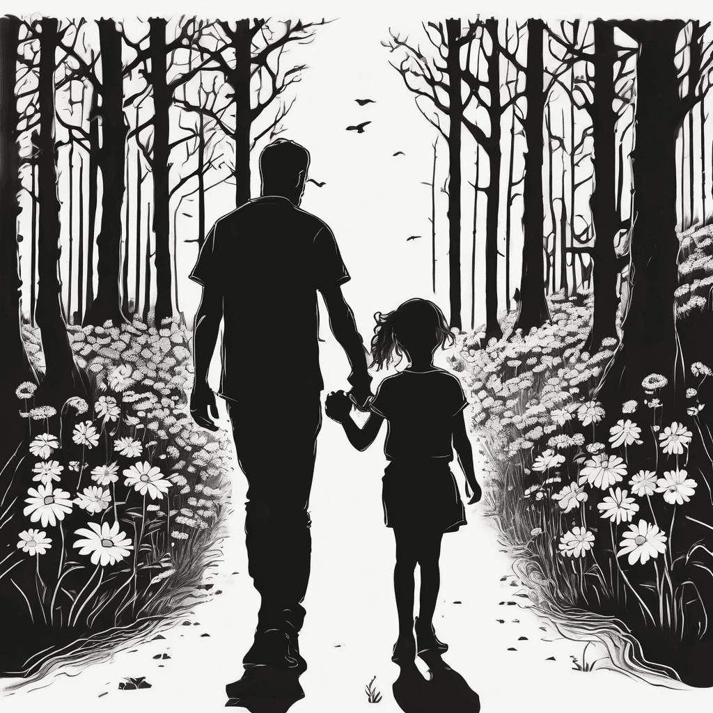 The theme is a father’s everlasting love for his daughter. Black and white tattoo. Silhouette of a father and daughter holding hands walking down a forest path. Daughter is filled with daisies. Trees are tall and black with ohm writing that translates the Irish phrase maireann an taithir I gra a inion
