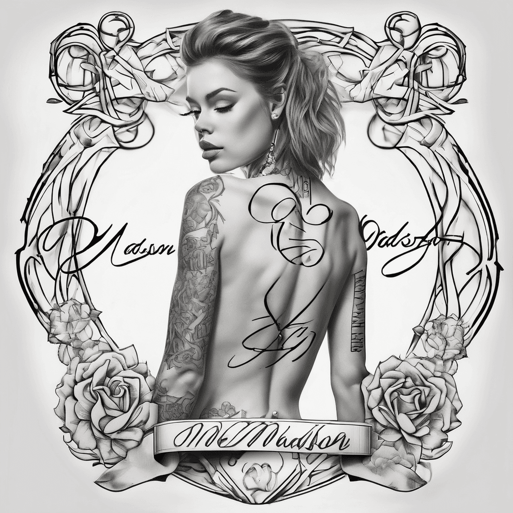 A beautiful tattoo design featuring the name "Madison Joshua" in elegant lettering inside an infinity sign with heart above