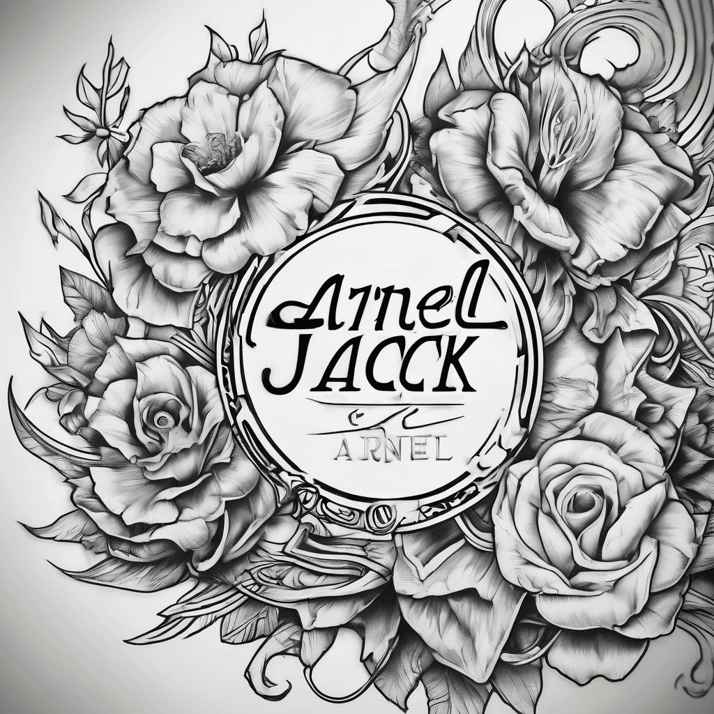 A beautiful tattoo design featuring the name "ARNEL JACK" in elegant lettering
