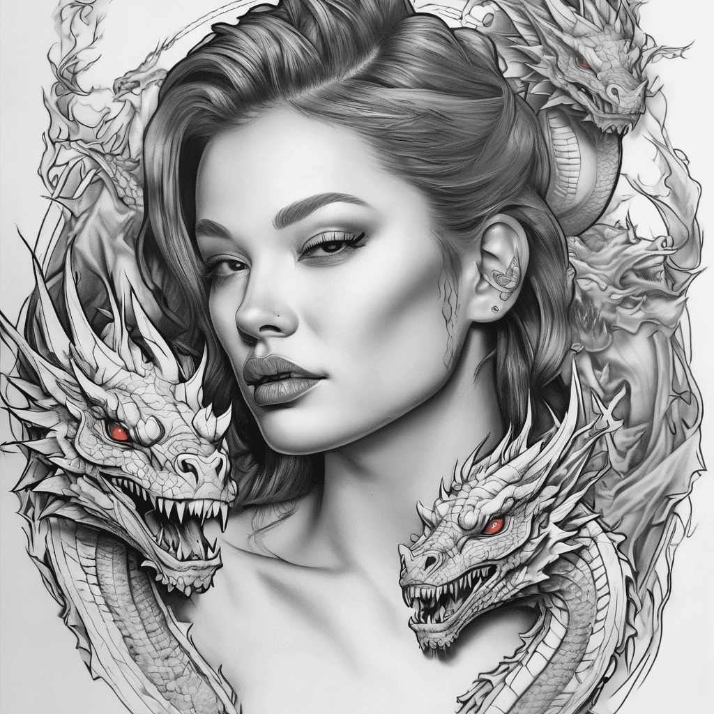 Create the two in lenoxtatoo style with a lady's face a dragon and has to be Killed