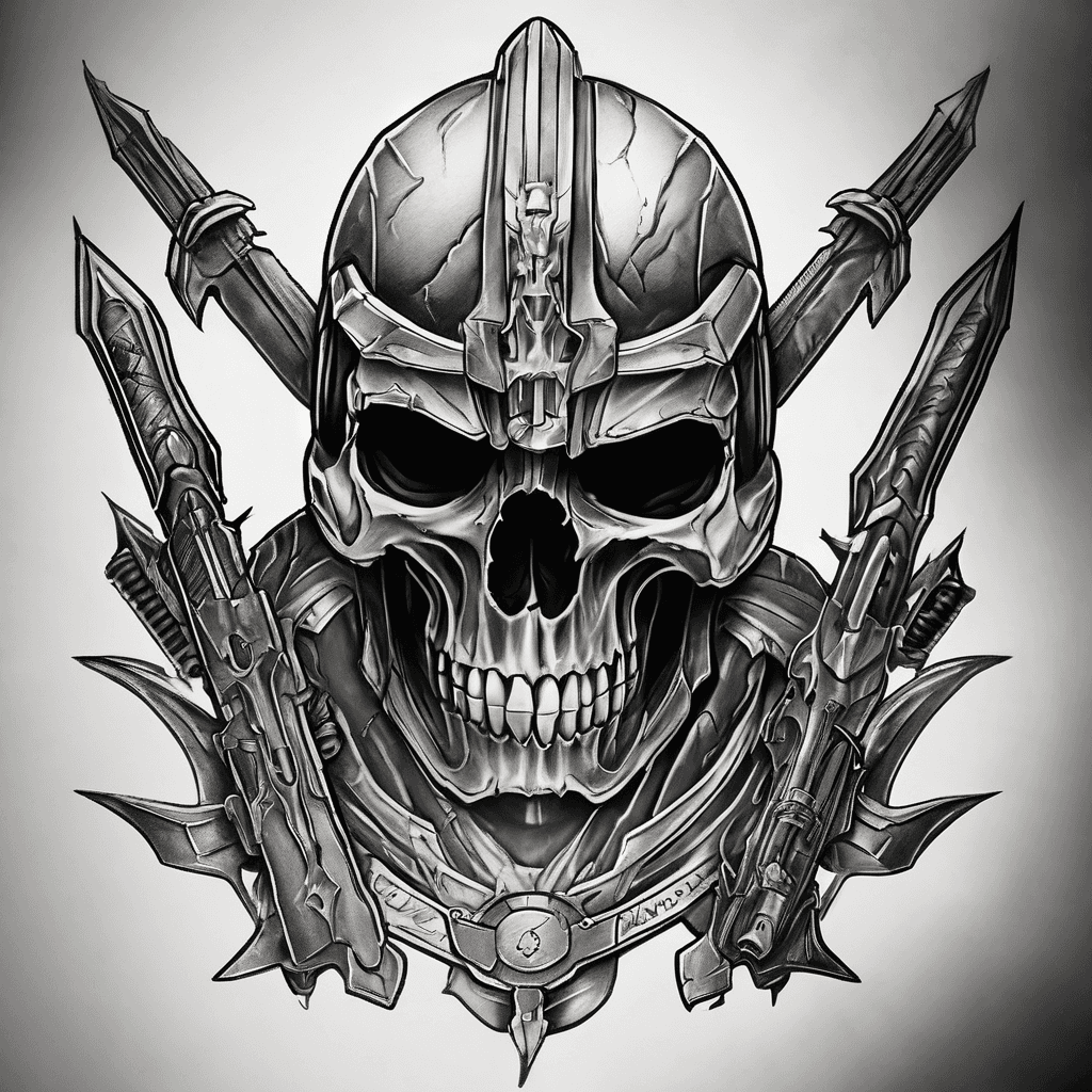 I want a tattoo of the Halo legendary symbol (elite skull with the two weapons crossed underneath) except I would like the two weapons to be Daedric swords from ElderScrolls: Skyrim. I would like two different Halo helmets to be impaired at the end of each sword. One should be the ODST helmet from Halo 3 and one should be the Mark v helmet that is in Halo 1.