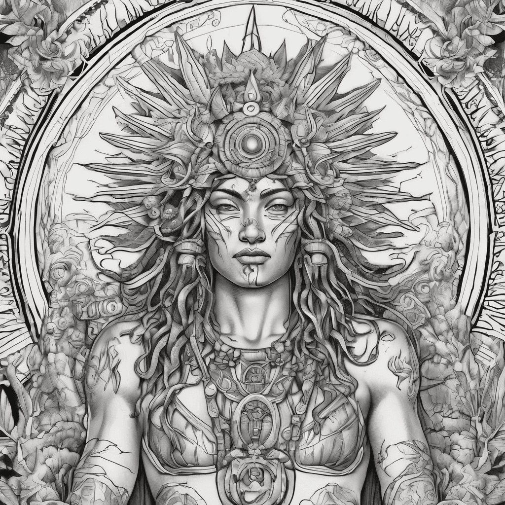 Curicaueri - sun god (victory god), Cuerauáperi - Creation goddess, Xarátanga - Water god, Cuitzeo - war god, Auicamine - Evil goddess, Pehuame - Birth goddess (advocation of Cuerauáperi), Jurhiata - (advocation of Curicaveri). Create quarter upper leg wrap around tattoo. merge them with swirling smoke, waves, and flames