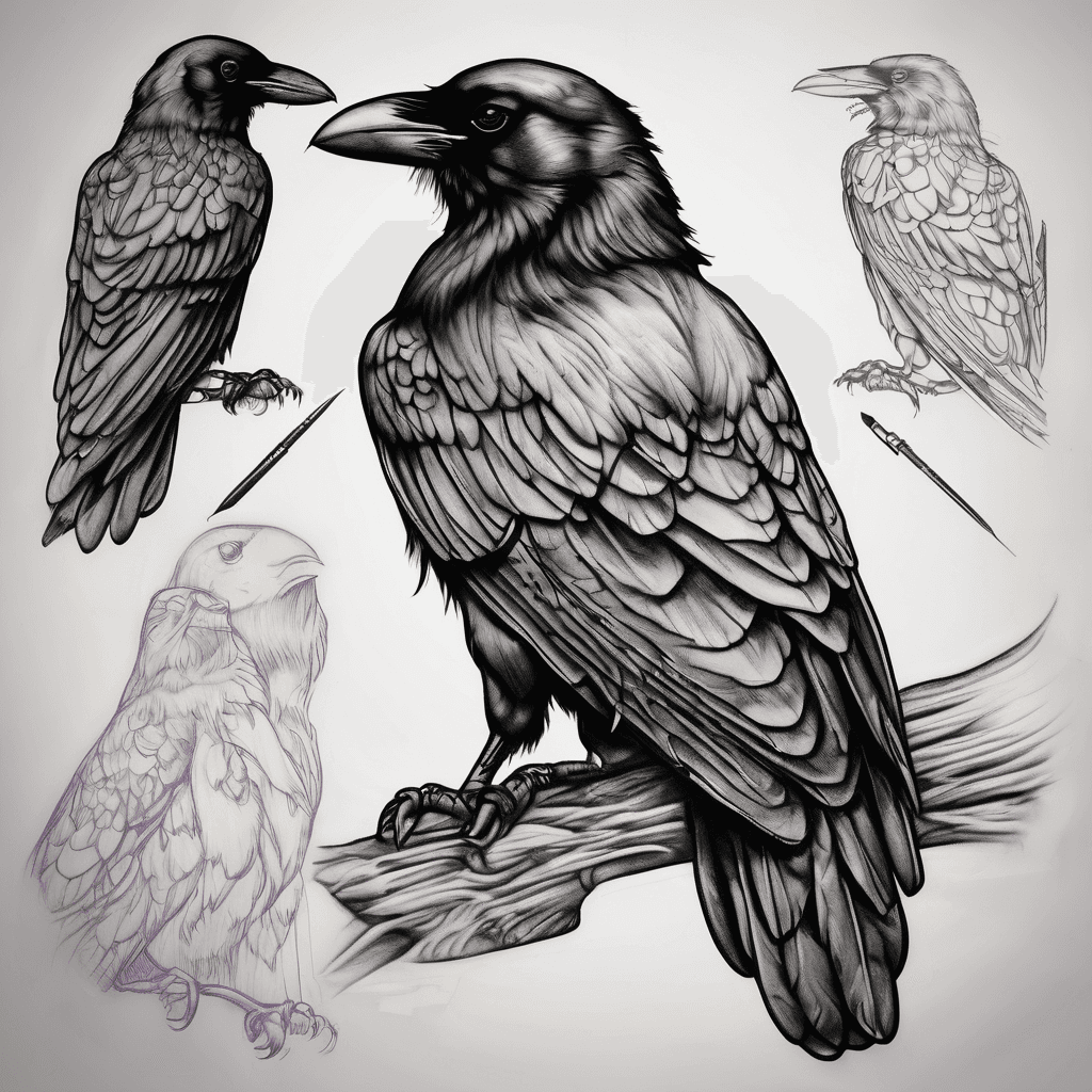 Looking for a semi realistic crow, I want the crow to be almost smiling and happy. The crow will be sitting on a sewing needle. On that sewing needle, I want the name Carol. From the Crows beak or on the crow, I want a purple dog collar, on the dog collar i want the names Becky, Duchess, and Misty. The pendant at the end of the dog collar would be in the shape of a loon.