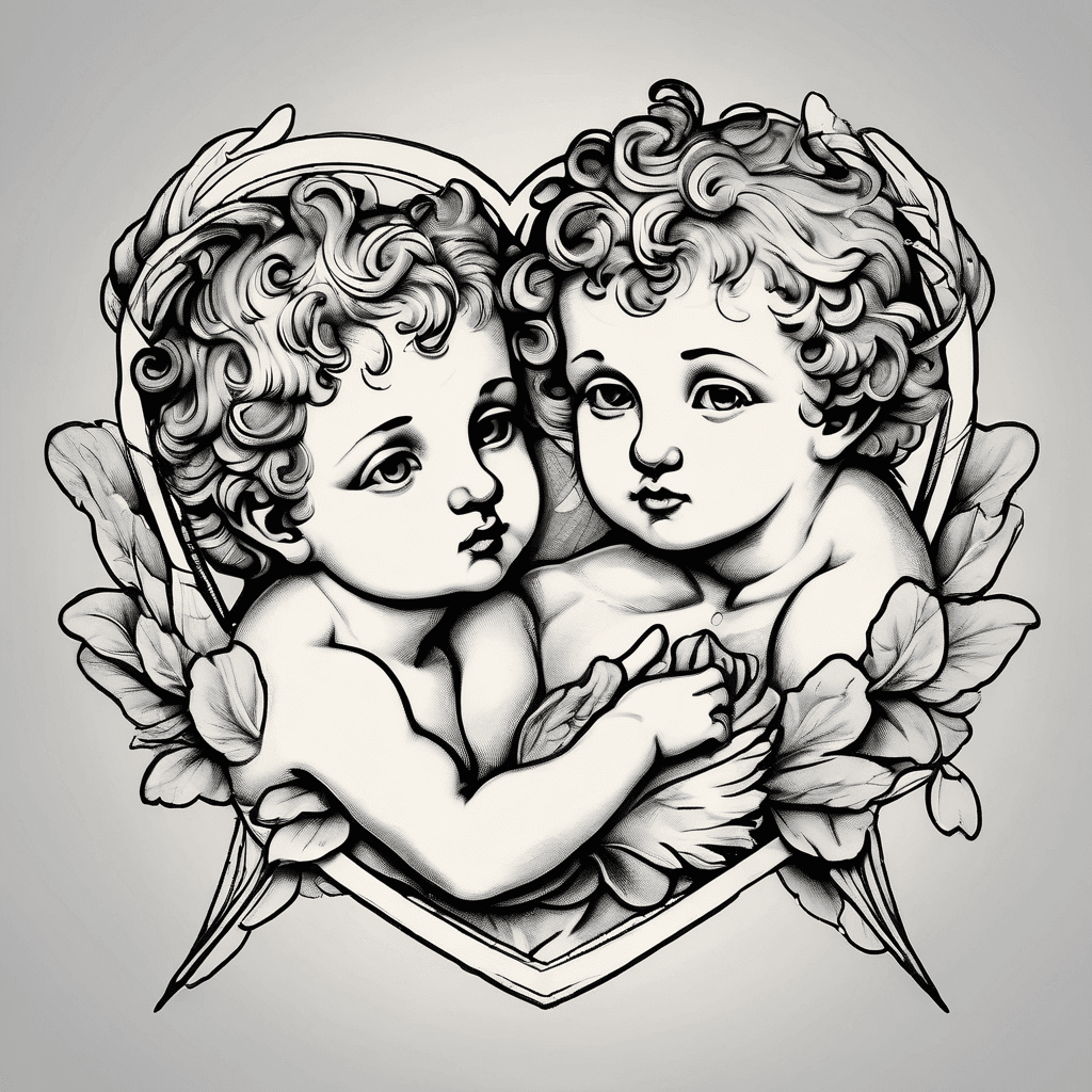 Two cherubs. One with an arrow with a heart tip and the other holding a heart.