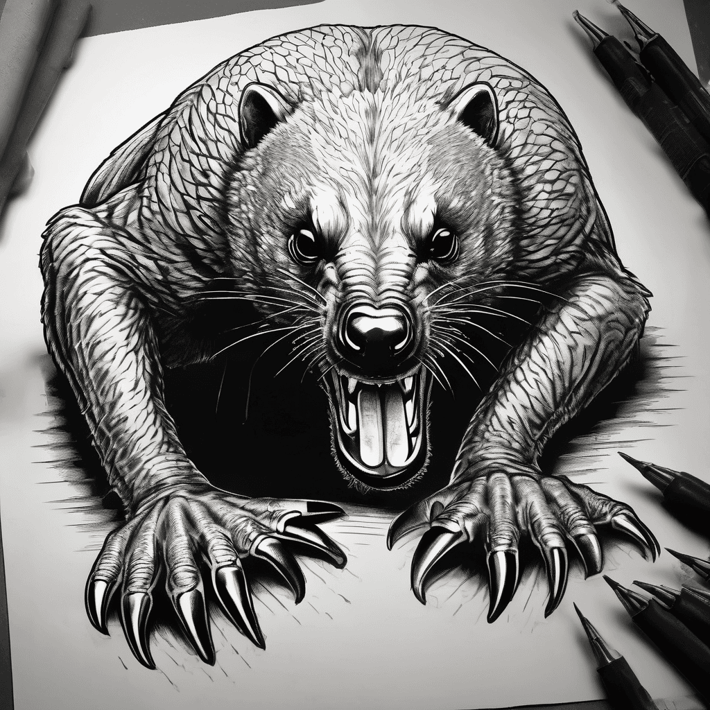 Photorealistic tattoo design concept art: A powerful honey badger in a dominant, coiled pose, its front paw firmly gripping the neck of a defeated, semi-coiled cobra. The honey badger has a fierce, determined snarl, teeth bared, with intense, focused eyes. Its tough, leathery hide is rendered with hyperdetailed texture and coarse fur. Several porcupine quills are visibly embedded and integrated into the badger's face and neck, appearing as scars of resilience. The cobra is depicted in a final, still posture, its hood slightly flared but lifeless, scales meticulously detailed with a smooth, reflective sheen contrasting the badger's ruggedness. Dramatic, high-contrast chiaroscuro lighting sculpts the subjects, casting deep shadows and highlighting textures. The composition emphasizes raw power, unyielding will, and hard-won endurance. Style: Ultra-realistic, cinematic, dramatic, high detail, 8k resolution, masterpiece.