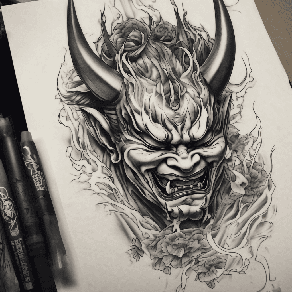 Generate me the best hannya tattoo for a guy in thighs. Make it unique (other tattoos) that I have on that leg are all anime. I want to cover an already tattoo thst I got in much with a person who betrayed me