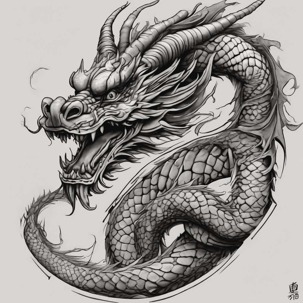 Create a vertical portrait tattoo featuring a full-length, realistic Eastern dragon in black-and-grey. Place the head near the top with a strong, intelligent expression, and let the serpentine body flow downward in an elegant S-curve. The dragon represents 1976, the Year of the Dragon, and symbolizes strength, intelligence, independence, and ambition. Integrate a stylized sun near the center with a red Om symbol inside. The sun represents optimism, eternal happiness, and Anand, meaning happiness. Om represents Hindu faith, inner peace, and connection to something greater. Add only a few black circuit lines and digital nodes behind the dragon. Include two vertical columns of red binary code running through the design, separated by a narrow white gap, representing programming and the names Sapna, Jasmyn, Sofia, and Jaxon. Use only black, grey, and red. Make it realistic, cohesive, balanced, detailed, and tattoo-ready. Show only the isolated design on a background, with no body or arm.