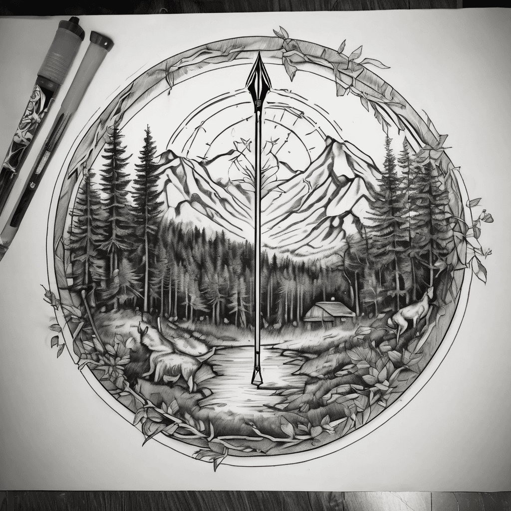 I want a three fourths quarter sleeve with a center piece on my shoulder cap being a circle with three hunting arrows with their tips pointed upwards. The rest of the tattoo I want to be Appalachian forest-themed