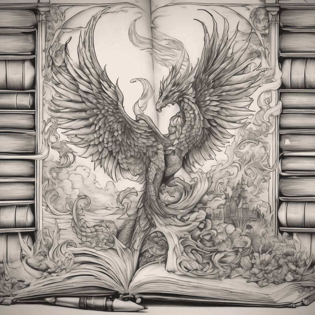 I want a literary, whimsical thigh/hip sleeve. I want a phoenix flying, the 3 main dragons from Fourth Wing flying (Tairn, Sgaeyl, Andarna), a mermaid, a Taurus fairy reading, a stack of books, and a castle.