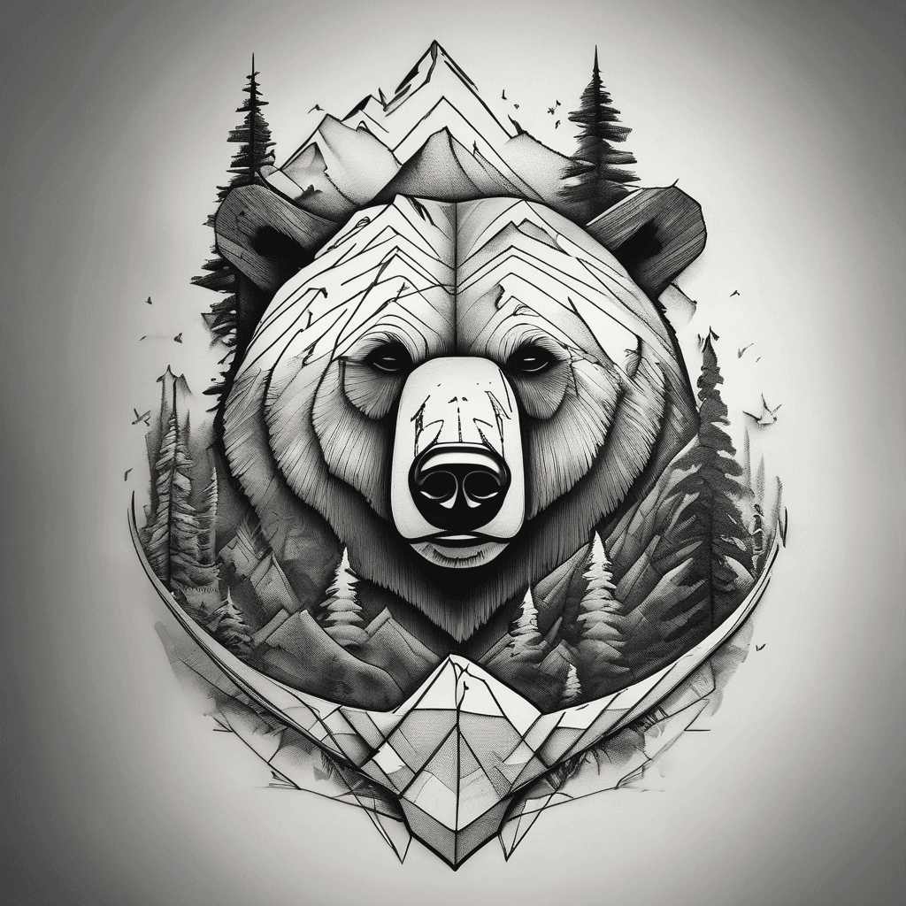 Nature theme tattoo. Bear face with forest and mountains in the background. placed on the left thigh. Covering up a large anchor tattoo.