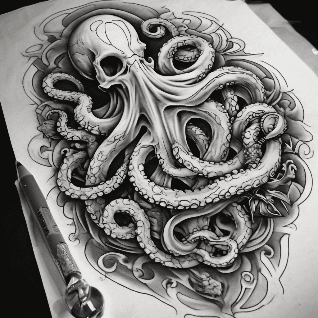 Half sleeve nautical tattoo with octopus tentacle wrapping around bicep, compass, anchor, slip knot, trident