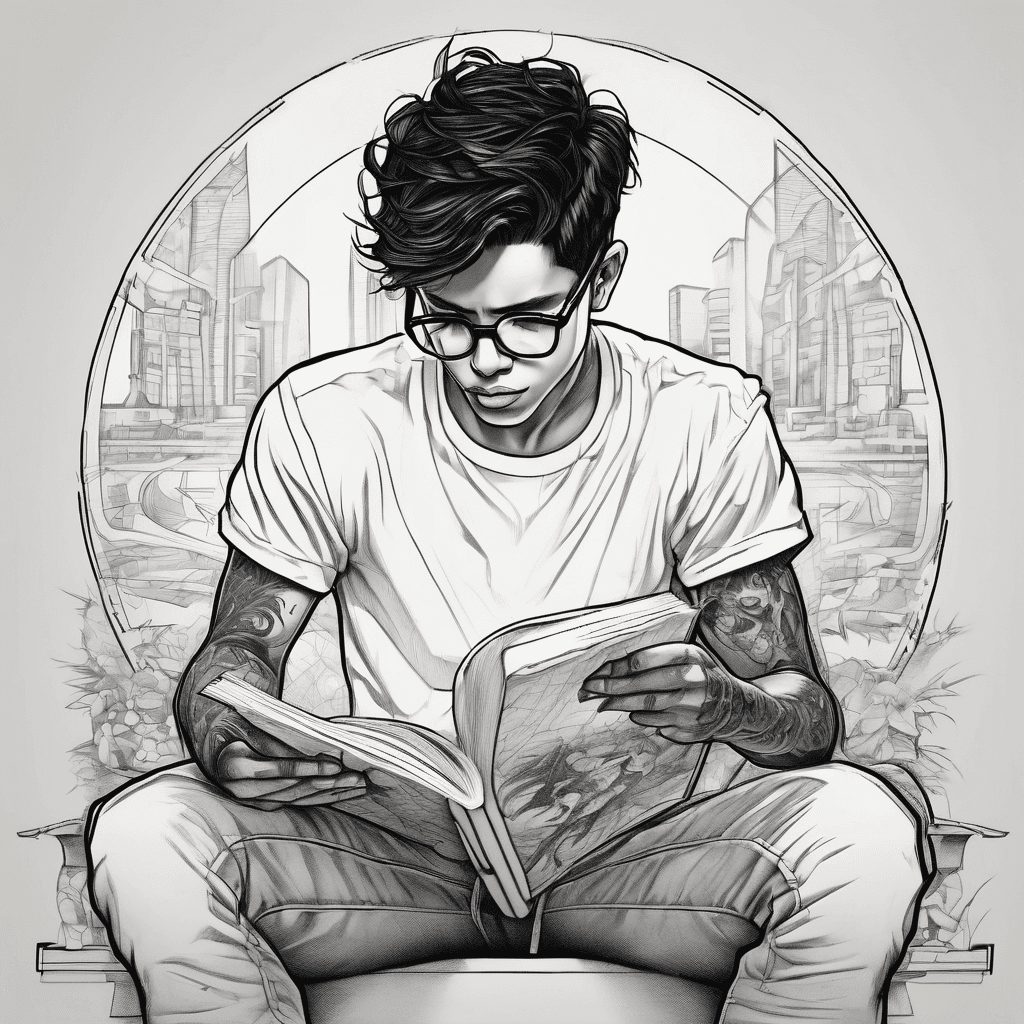 Young black hair boy with glassess sitting reading, fantasy aura around him but minimalistic style