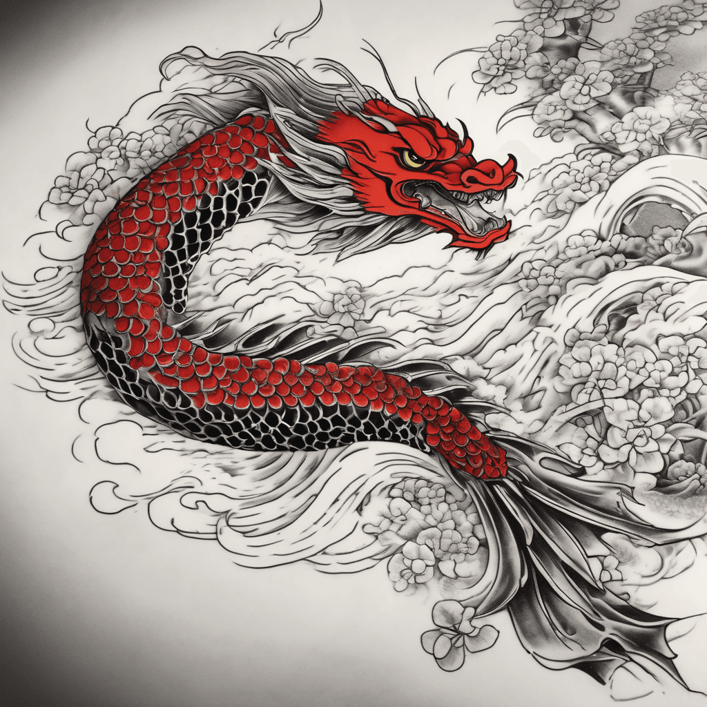 a full left arm, in a japanese style, black and red, showing full of energy and particles