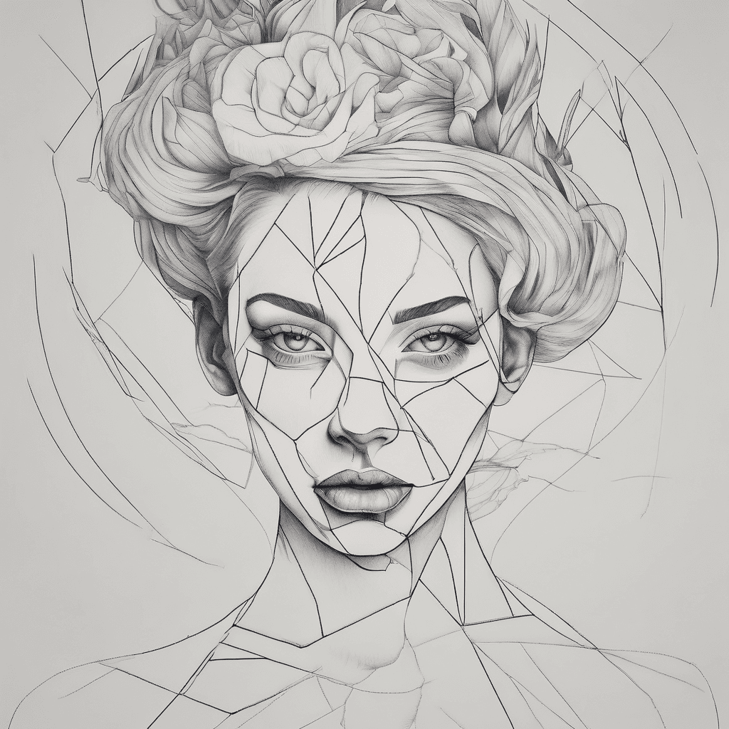 surreal woman face line art, black and white, like henrietta harris, minimalistic, subtle geometric pattern background