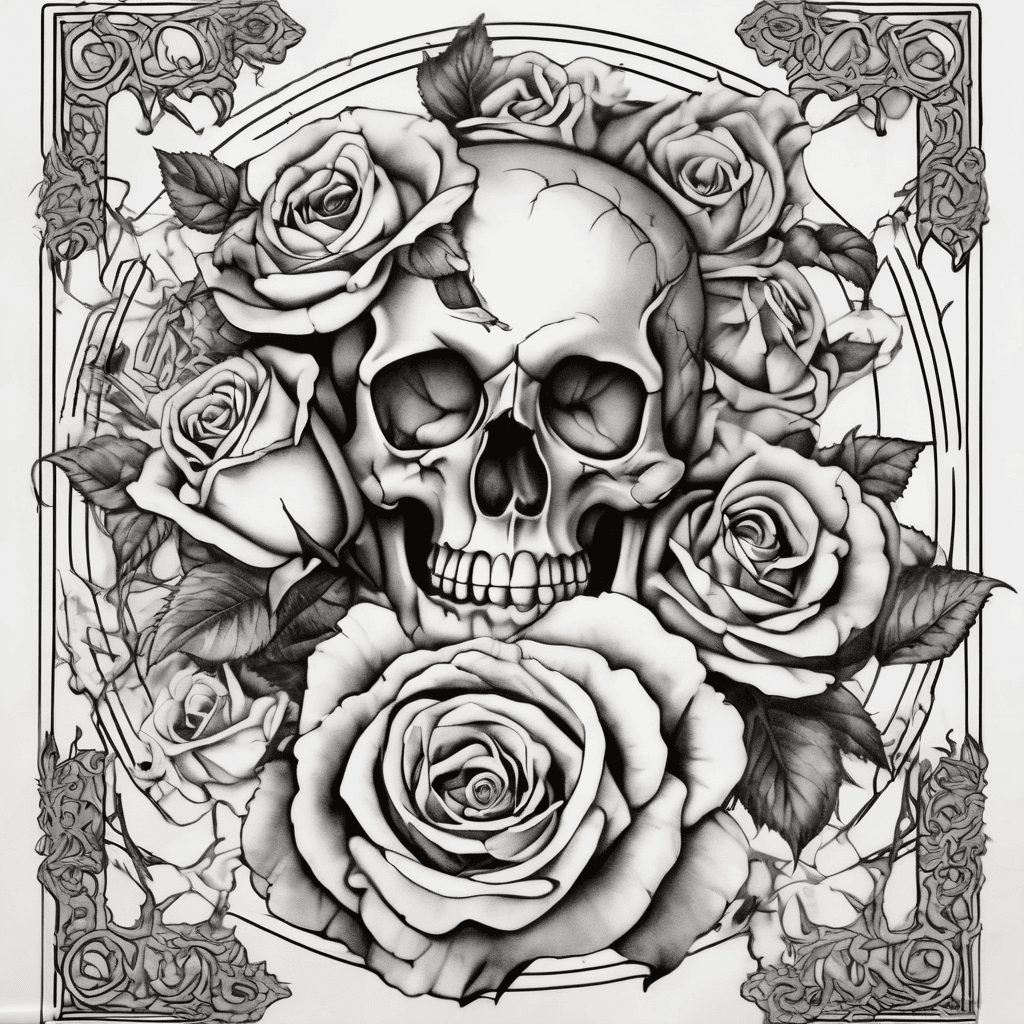 A tattoo of multiple roses with skulls in the center of each rose with a skeleton key in the center of the roses on a female chest