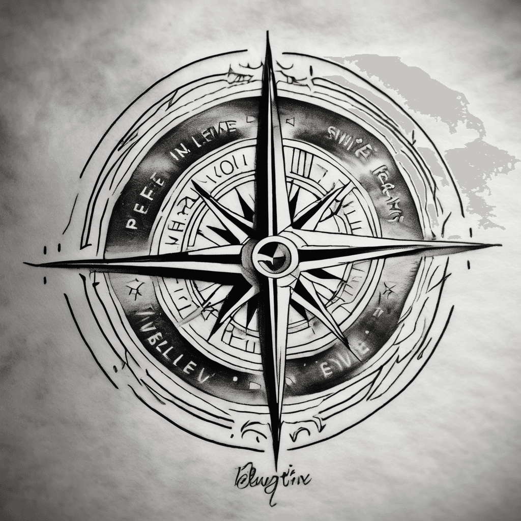A close-up photo of an inner forearm tattoo in a fine-line, delicate minimalist style. The tattoo features a single clean compass star (North Star) design without a full compass dial. Above the top point of the star (where North would be), the text "BELIEVE IN YOURSELF" is neatly written in a clean serif font, curving softly around the top point of the star. Black ink on skin, realistic lighting, sharp fine lines.