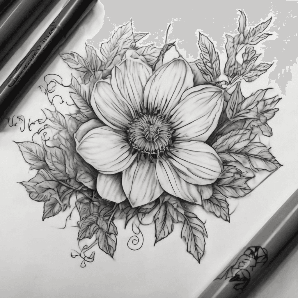 I want flowers starting at my upper arm and going towards my collarbone area. I’d like to include vines, leaves, and add a sun in the middle. I’d like it to be feminine while still having a “tough” vibe to it. I’d also like for there to be shading.