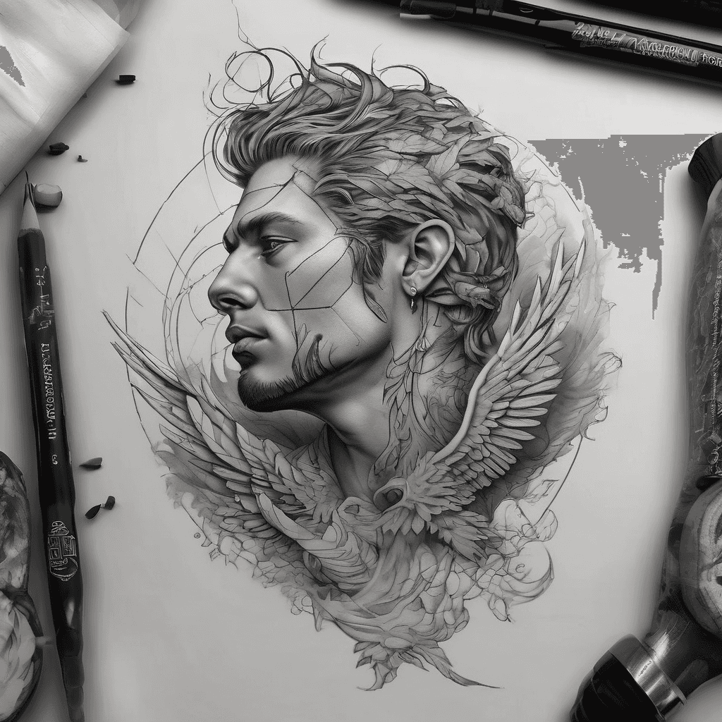 Black and gray tattoo he is an artist like artsy stuff the fall of Icarus and new age stuff no generic usual tattoos