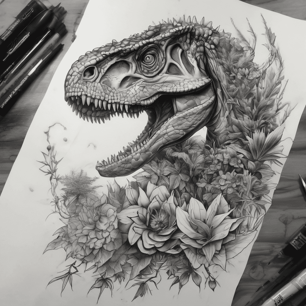 Design a full sleeve while incorporating my existing tattoo. It should be mysterious and visually interesting. I'm open to space themed, nature themes, plant themed, dinosaurs, geometric, those types of things.