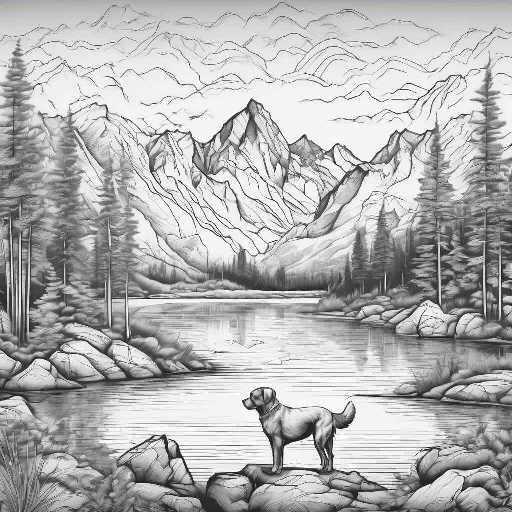 Detailed full sleeve tattoo of mountains, trees, lakes and rivers with dogs.