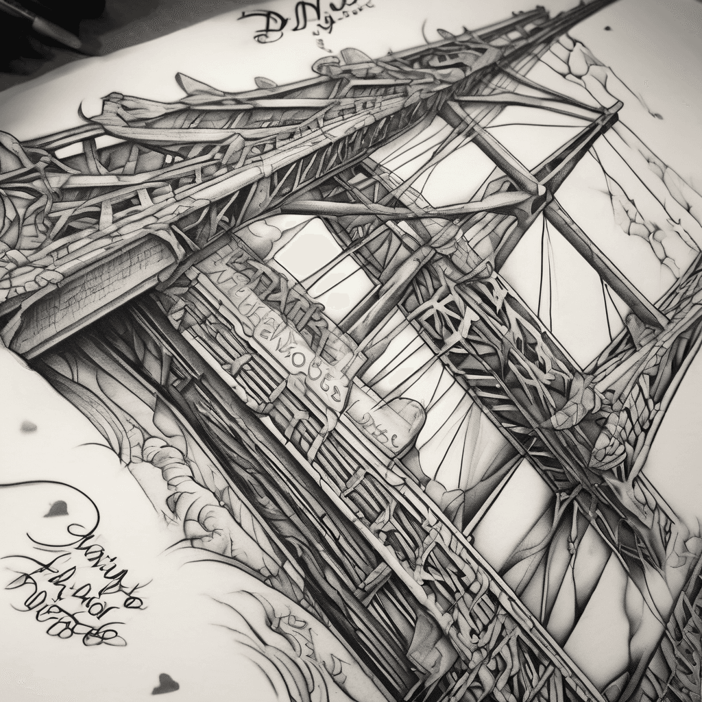 A bridge with I love you webbed in and the quote we are who we choose to be has webbing holding Spider-Man under the bridge
