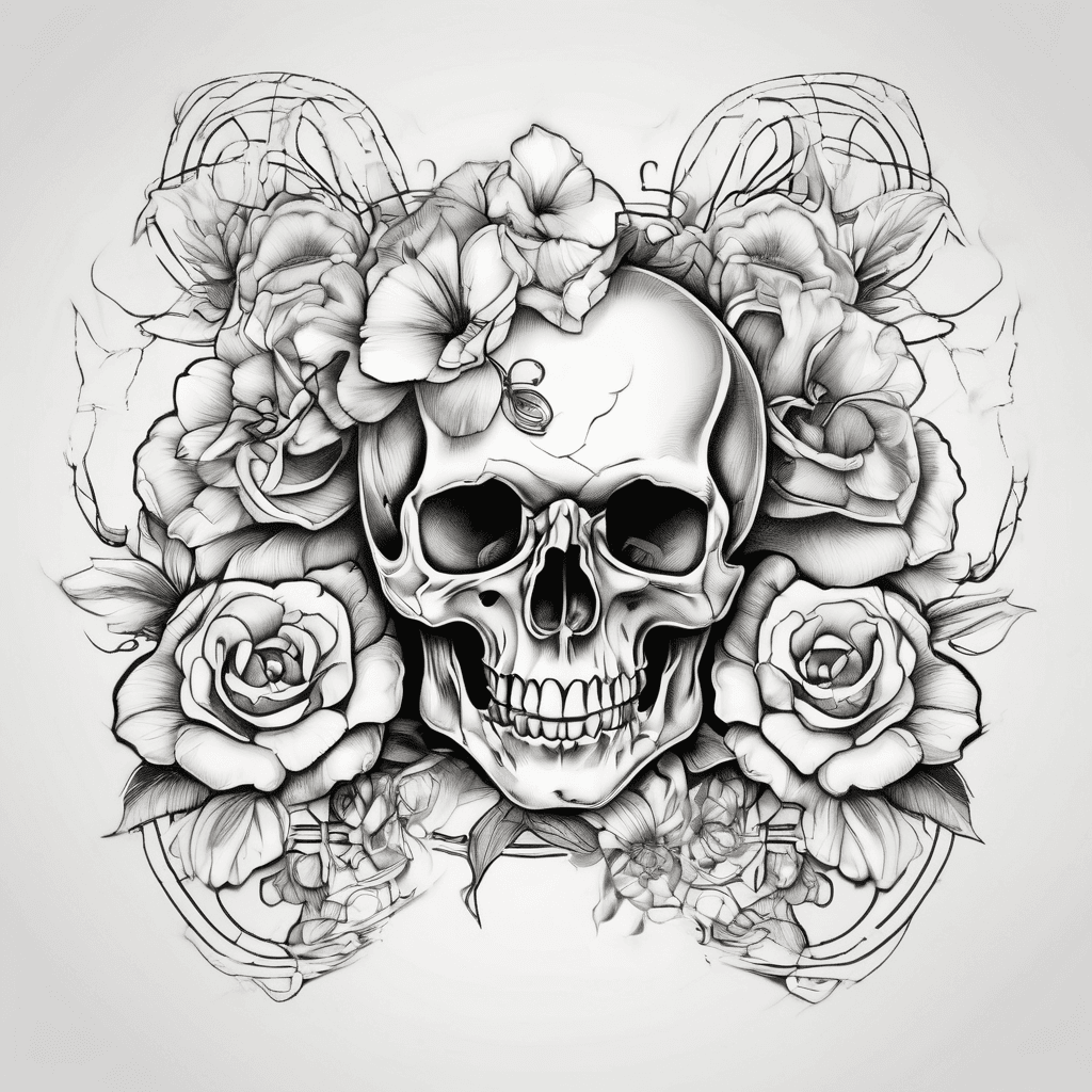 Feminine Wrist tattoo with skulls and flowers with two EKG heart beats in it